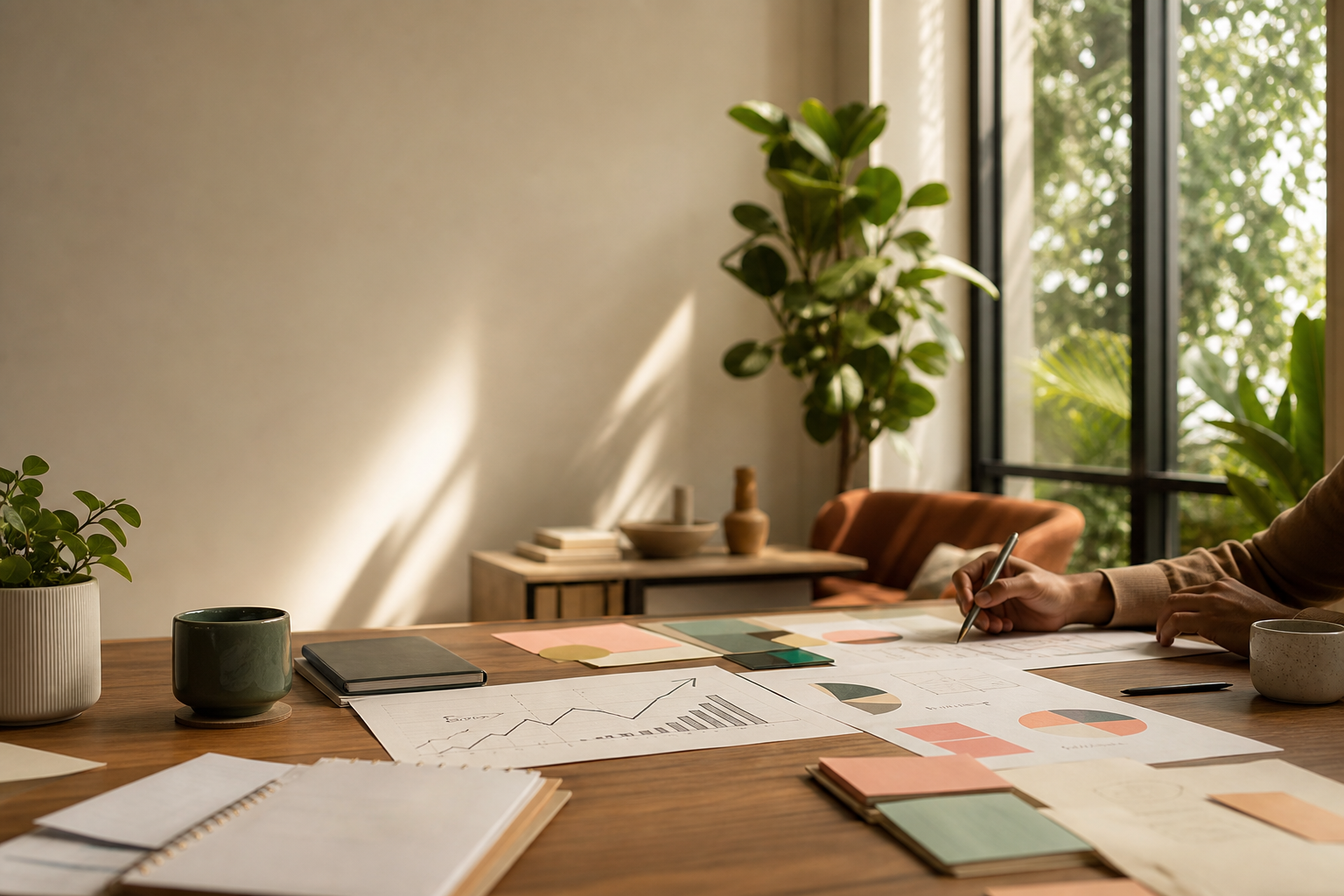 Warm modern wellness planning studio with training notes and natural light